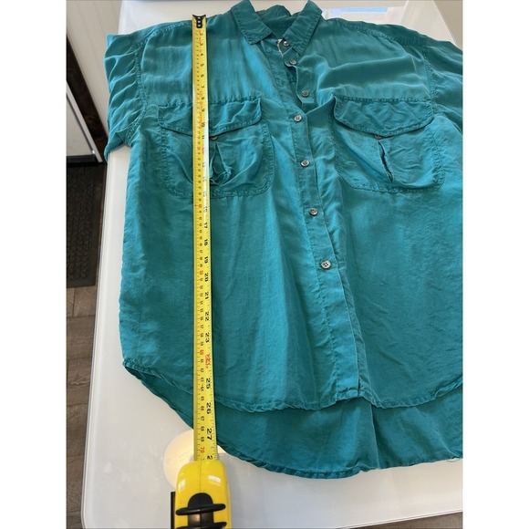Basic first issue long sleeve shirt VTG women's teal oversized Small 100% Silk - Picture 9 of 9